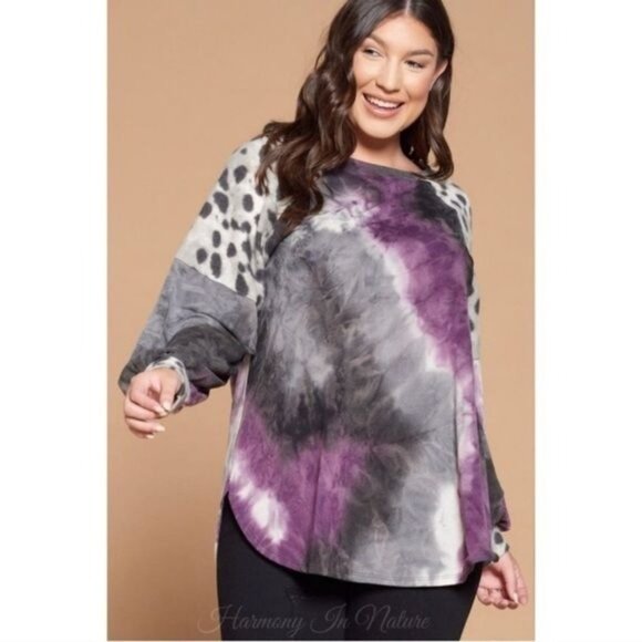 Womens Plus Size Top Purple Tie-Dye Leopard Print Long Sleeve by Emerald - Picture 10 of 12